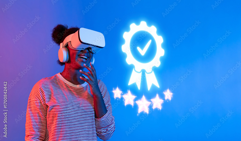 Poster a joyful user experiences virtual reality with a focus on quality assurance. the image emphasizes cl