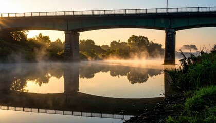 A long bridge over a river with fog rising from the water at sunrise. A peaceful and atmospheric landscape representing tranquility and harmony.