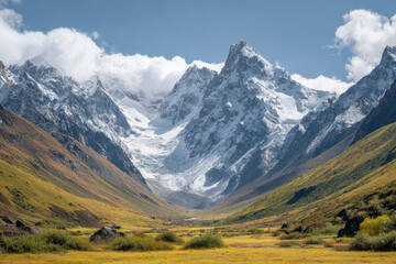 Fototapeta premium breathtaking summer landscapes across countries featuring majestic mountains surrounded by clouds on clear day