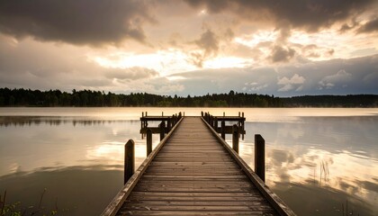 Fototapeta premium A long wooden pier on a calm lake with a dramatic sky at sunrise. A peaceful and serene landscape representing quiet contemplation and solitude.