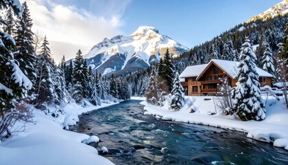 A beautiful snowy landscape with a river and a log cabin in a winter forest. A cozy and peaceful scene of a winter wonderland.