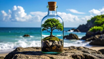 A small tree growing inside a glass bottle on a rocky beach. A symbolic image of preservation, hope, and the beauty of nature.
