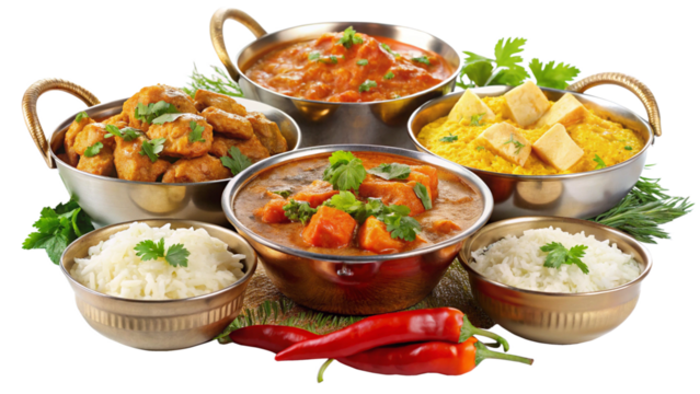  fresh-indian-curry-set-top-view-in-decoration isolated on white backgroud