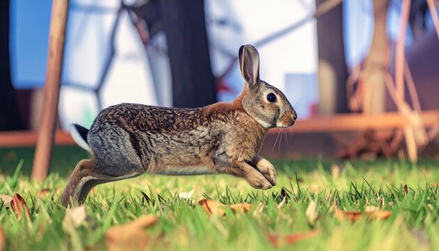 A wild rabbit running quickly across a lush green lawn with scattered autumn leaves against a slightly blurred background of a house. Concept of wildlife in the urban environment