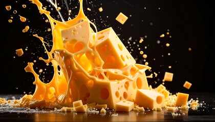 Cubed, porous cheese exploding into liquid streams with scattered droplets against a black backdrop