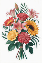 Colorful bouquet of lilies, roses, sunflowers, and other flowers.
