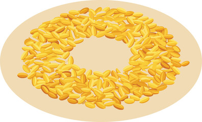 Golden brown grains arranged in a precise circular ring on a white plate highlighting symmetry, organic texture, and natural elegance for food, wellness, and nutrition themes.