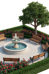 Peaceful park with fountain, benches, and rose bushes.
