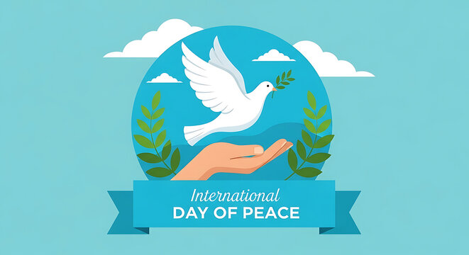 Dove of peace flying over hands with olive branch and earth