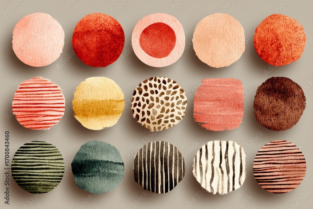 Poster a collection of watercolor circles with different patterns and colors