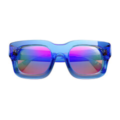 Chunky square blue framed sunglasses with iridescent mirrored lenses, isolated on transparent background