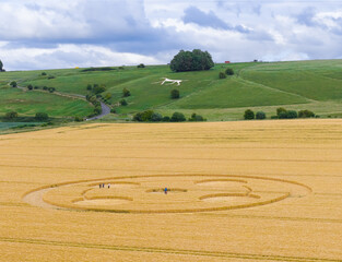 Aerial view of a mysterious, intricate, geometric crop art, crop circle formation in a wheat field near Hackpen Hill, Wiltshire, England, UK 