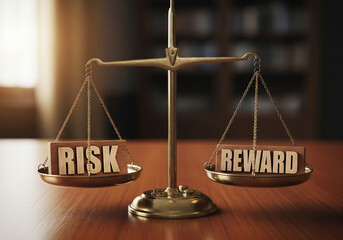 Balancing risk and reward on a classic scale in a warm, focused setting