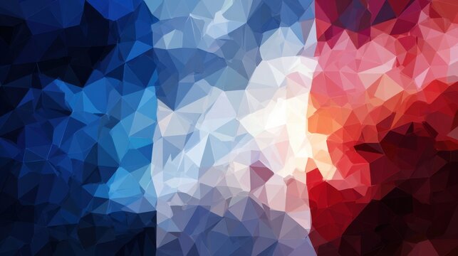 Colorful polygonal pattern representing the French flag with blue, white, and red sections blending together - Powered by Adobe