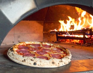 Pizza baking in wood-fired oven. Hot flames and embers visible