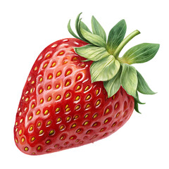 A vibrant and juicy strawberry isolated on transparent background showcases its bright red color, tiny yellow seeds, and fresh green leaves