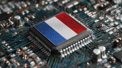 Microchip with French flag design on circuit board showcasing technology and national pride