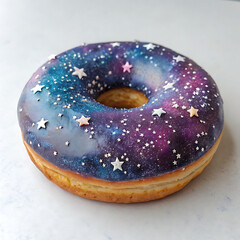 A delicious galaxy donut with a mesmerizing swirl of cosmic colors and edible star sprinkles, creating a delightful treat thats out of this world
