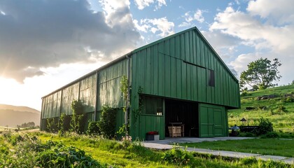 Fototapeta premium A large, vibrant green barn stands proudly in a grassy field, under a partly cloudy sky, bathed in the golden light of sunrise or sunset.