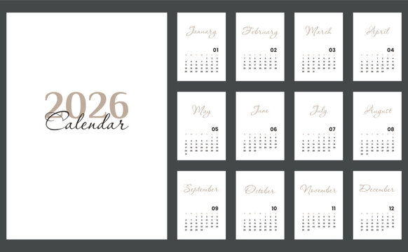 Vector illustration. Calendar 2026 printable template. Week Starts on Sunday. Calendar on white background a4	