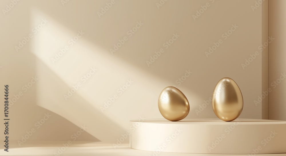 Poster elegant golden eggs displayed on a minimalist platform with soft beige tones in a serene setting.