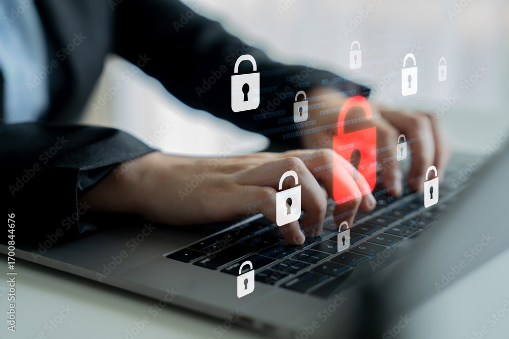 Poster digital security concept illustrating a cybersecurity breach, with a red unlocked padlock indicating