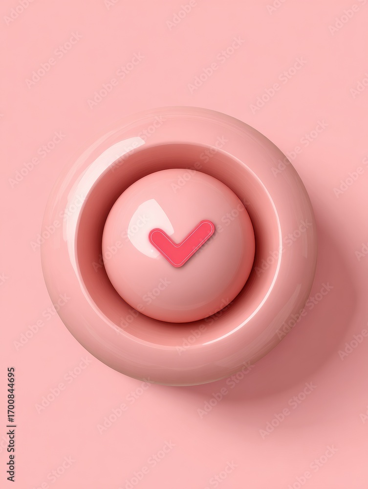 Poster minimalist design featuring a pink button with a checkmark symbol on a soft pink background in a mod