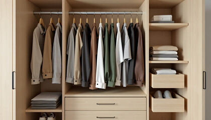 Organized closet with clothes and accessories