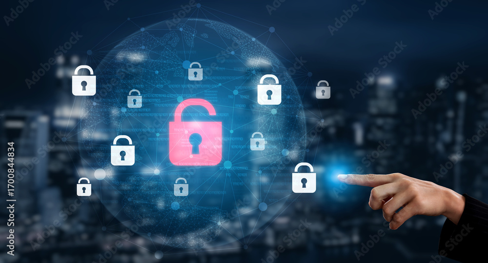 Poster digital security concept illustrating a cybersecurity breach, with a red unlocked padlock indicating