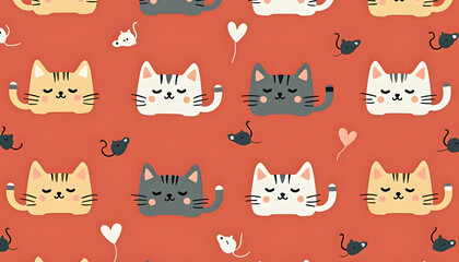 Cute cat pattern on a red background