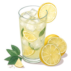 A refreshing glass of lemonade with ice and lemon slices, surrounded by fresh lemons, isolated on white background