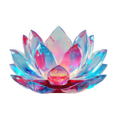 A crystal lotus flower with iridescent pink and blue petals, isolated on a transparent background