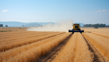 Obraz premium Combine harvester working in a golden wheat field on a sunny day.