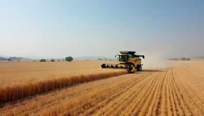 Fototapeta premium Combine harvester working in a golden wheat field under a clear blue sky.