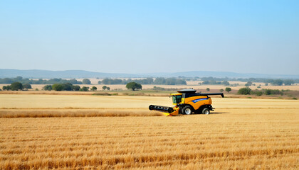 Obraz premium Combine harvester working in a golden wheat field under a clear blue sky.