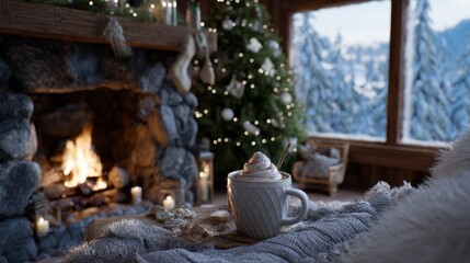 Cozy winter retreat with hot chocolate by fireplace and decorated christmas tree