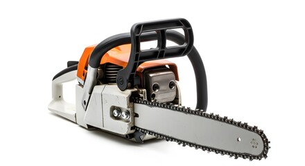 A powerful chainsaw with an orange body and sharp chain. Designed for cutting large trees and logs, it features a durable grip and safety handle, ideal for professional forestry and heavy-duty cutting