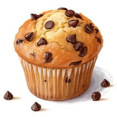 A golden brown chocolate chip muffin isolated on white background sits on a plate with scattered chocolate chips