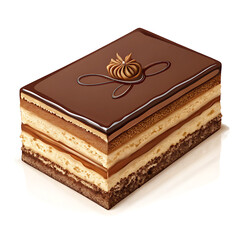 A decadent chocolate cake isolated on white background features layers of rich flavor and a glossy ganache topping