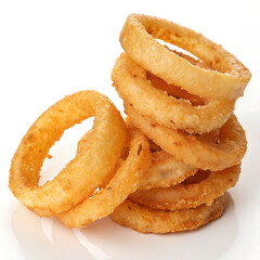 A stack of golden onion rings isolated on white background are crispy and delicious, perfect as a snack or side dish