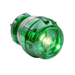 Green transparent flashlight with bright light inside isolated on transparent background