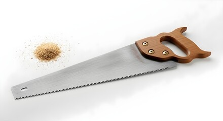 A traditional hand saw with a wooden handle and serrated steel blade. The saw is ideal for cutting wood, creating precise cuts with minimal effort, and producing fine sawdust, perfect for carpentry an