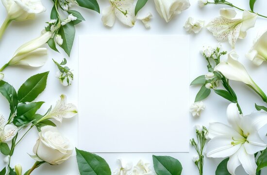 Floral Arrangement With Blank Card for Personalized Messages on White Background