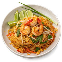 A vibrant bowl of pad thai with shrimp, noodles, lime, and fresh herbs, showcasing the authentic flavors of thai cuisine isolated on white background