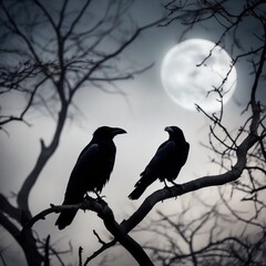 Halloween background with crows on a tree