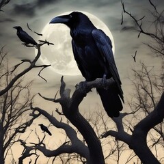 Halloween background with crows on a tree