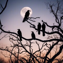 Halloween background with crows on a tree