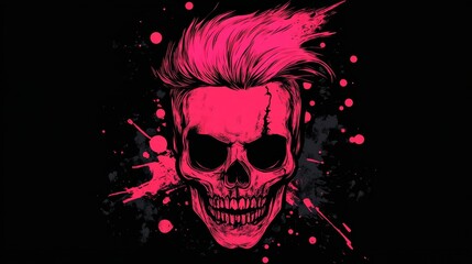 Bold punk t shirt design featuring red skull with pink hair on a dark background