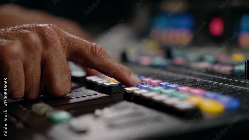 Poster medium shot capturing an operators hands manipulating a tally switch main action crisp while broadca