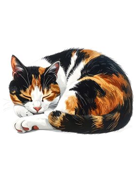 A calico cat curled up asleep